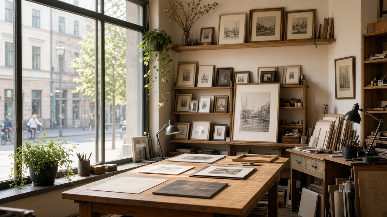 Framing shop workspace at Studio Voyagebrook